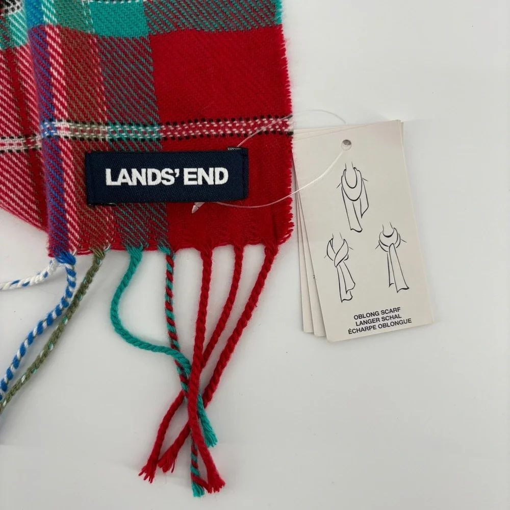 LANDS' END Plaid Scarf Red Green Acrylic Oblong Winter Anti Static Preppy Tartan